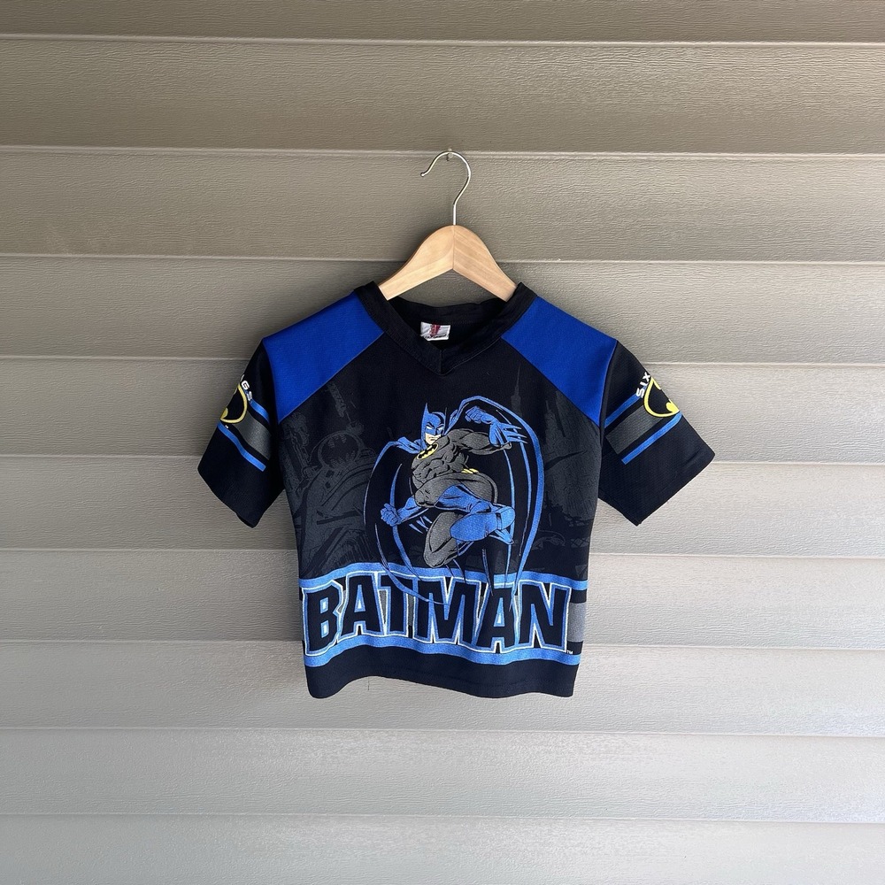 Vintage 1998 Six Flags Batman DC Comics Kids Jersey Shirt Black Blue Graphic
